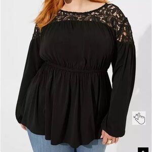 Torrid Studio Crepe Crew Neck Lace Yoke Babydoll Top